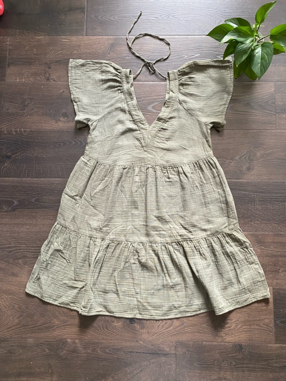 Old Navy Olive Green Tiered V-Neck  Dress Boho Summer Sz M